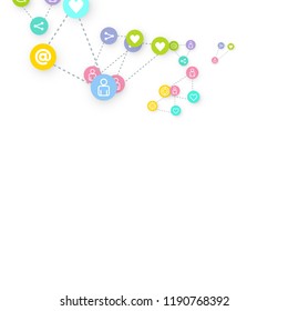 Social media marketing, Communication networking concept. Random icons social media services tags linked on white background. Comment, friend, like, share, target, message. Vector Internet concept.