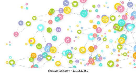 Social media marketing, Communication networking concept. Random icons social media services tags linked on white background. Comment, friend, like, share, target, message. Vector Internet concept.