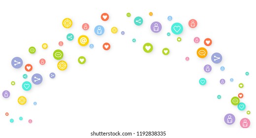 Social media marketing, Communication networking concept. Random icons social media services tags linked on white background. Comment, friend, like, share, target, message. Vector Internet concept.