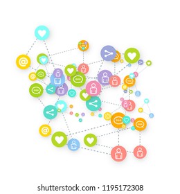 Social media marketing, Communication networking concept. Random icons social media services tags linked on white background. Comment, friend, like, share, target, message. Vector Internet concept.