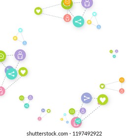 Social media marketing, Communication networking concept. Random icons social media services tags linked on white background. Comment, friend, like, share, target, message. Vector Internet concept.