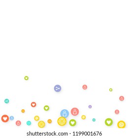 Social media marketing, Communication networking concept. Random icons social media services tags linked on white background. Comment, friend, like, share, target, message. Vector Internet concept.