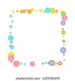 Social media marketing, Communication networking concept. Random icons social media services tags linked on white background. Comment, friend, like, share, target, message. Vector Internet concept.