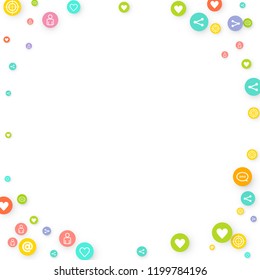 Social media marketing, Communication networking concept. Random icons social media services tags linked on white background. Comment, friend, like, share, target, message. Vector Internet concept.