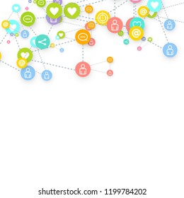 Social media marketing, Communication networking concept. Random icons social media services tags linked on white background. Comment, friend, like, share, target, message. Vector Internet concept.