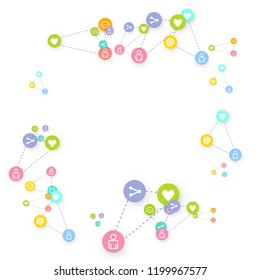 Social media marketing, Communication networking concept. Random icons social media services tags linked on white background. Comment, friend, like, share, target, message. Vector Internet concept.