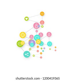 Social media marketing, Communication networking concept. Random icons social media services tags linked on white background. Comment, friend, like, share, target, message. Vector Internet concept.