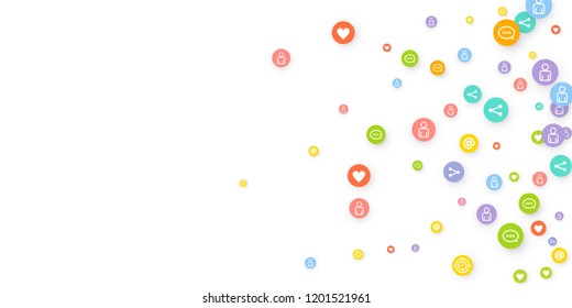 Social media marketing, Communication networking concept. Random icons social media services tags linked on white background. Comment, friend, like, share, target, message. Vector Internet concept.
