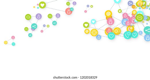 Social media marketing, Communication networking concept. Random icons social media services tags linked on white background. Comment, friend, like, share, target, message. Vector Internet concept.