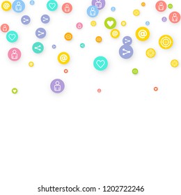 Social media marketing, Communication networking concept. Random icons social media services tags linked on white background. Comment, friend, like, share, target, message. Vector Internet concept.
