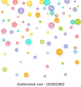 Social media marketing, Communication networking concept. Random icons social media services tags linked on white background. Comment, friend, like, share, target, message. Vector Internet concept.