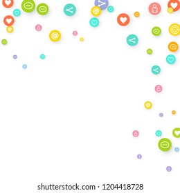 Social media marketing, Communication networking concept. Random icons social media services tags linked on white background. Comment, friend, like, share, target, message. Vector Internet concept.