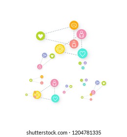 Social media marketing, Communication networking concept. Random icons social media services tags linked on white background. Comment, friend, like, share, target, message. Vector Internet concept.