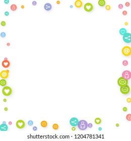 Social media marketing, Communication networking concept. Random icons social media services tags linked on white background. Comment, friend, like, share, target, message. Vector Internet concept.