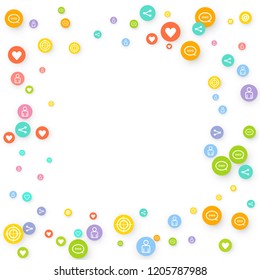 Social media marketing, Communication networking concept. Random icons social media services tags linked on white background. Comment, friend, like, share, target, message. Vector Internet concept.