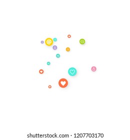 Social media marketing, Communication networking concept. Random icons social media services tags linked on white background. Comment, friend, like, share, target, message. Vector Internet concept.