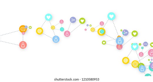 Social media marketing, Communication networking concept. Random icons social media services tags linked on white background. Comment, friend, like, share, target, message. Vector Internet concept.