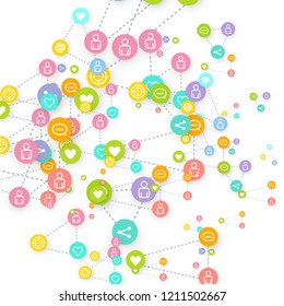 Social media marketing, Communication networking concept. Random icons social media services tags linked on white background. Comment, friend, like, share, target, message. Vector Internet concept.