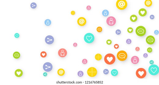 Social media marketing, Communication networking concept. Random icons social media services tags linked on white background. Comment, friend, like, share, target, message. Vector Internet concept.