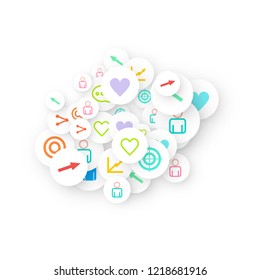 Social media marketing, Communication networking concept. Random icons social media services tags linked on white background. Comment, friend, like, share, target, message. Vector Internet concept.