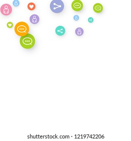 Social media marketing, Communication networking concept. Random icons social media services tags linked on white background. Comment, friend, like, share, target, message. Vector Internet concept.