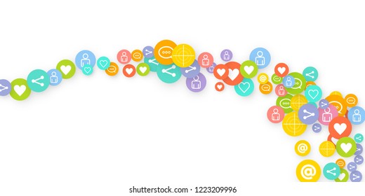 Social media marketing, Communication networking concept. Random icons social media services tags linked on white background. Comment, friend, like, share, target, message. Vector Internet concept.