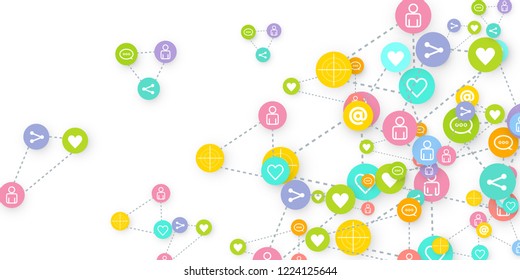 Social media marketing, Communication networking concept. Random icons social media services tags linked on white background. Comment, friend, like, share, target, message. Vector Internet concept.