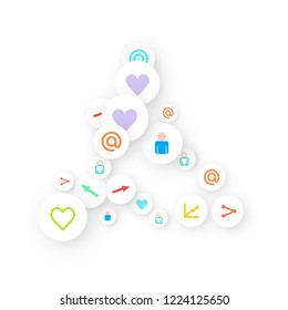 Social media marketing, Communication networking concept. Random icons social media services tags linked on white background. Comment, friend, like, share, target, message. Vector Internet concept.