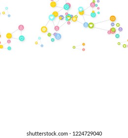 Social media marketing, Communication networking concept. Random icons social media services tags linked on white background. Comment, friend, like, share, target, message. Vector Internet concept.