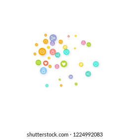 Social media marketing, Communication networking concept. Random icons social media services tags linked on white background. Comment, friend, like, share, target, message. Vector Internet concept.