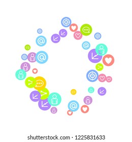 Social media marketing, Communication networking concept. Random icons social media services tags linked on white background. Comment, friend, like, share, target, message. Vector Internet concept.