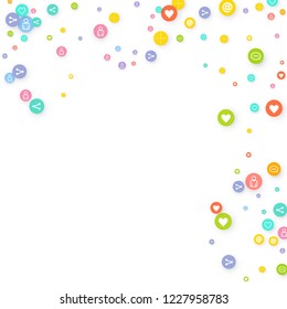 Social media marketing, Communication networking concept. Random icons social media services tags linked on white background. Comment, friend, like, share, target, message. Vector Internet concept.