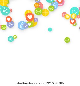 Social media marketing, Communication networking concept. Random icons social media services tags linked on white background. Comment, friend, like, share, target, message. Vector Internet concept.