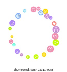 Social media marketing, Communication networking concept. Random icons social media services tags linked on white background. Comment, friend, like, share, target, message. Vector Internet concept.