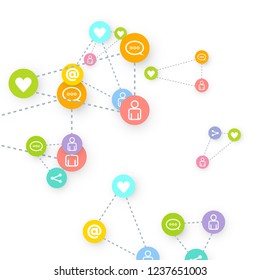 Social media marketing, Communication networking concept. Random icons social media services tags linked on white background. Comment, friend, like, share, target, message. Vector Internet concept.
