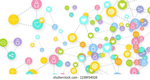 Social media marketing, Communication networking concept. Random icons social media services tags linked on white background. Comment, friend, like, share, target, message. Vector Internet concept.