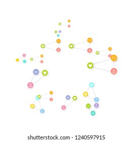 Social media marketing, Communication networking concept. Random icons social media services tags linked on white background. Comment, friend, like, share, target, message. Vector Internet concept.