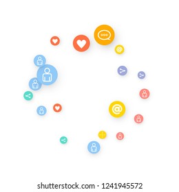 Social media marketing, Communication networking concept. Random icons social media services tags linked on white background. Comment, friend, like, share, target, message. Vector Internet concept.