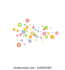 Social media marketing, Communication networking concept. Random icons social media services tags linked on white background. Comment, friend, like, share, target, message. Vector Internet concept.