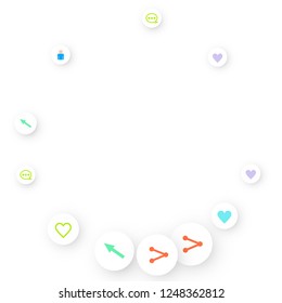 Social media marketing, Communication networking concept. Random icons social media services tags linked on white background. Comment, friend, like, share, target, message. Vector Internet concept.