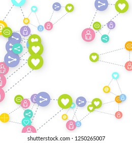 Social media marketing, Communication networking concept. Random icons social media services tags linked on white background. Comment, friend, like, share, target, message. Vector Internet concept.