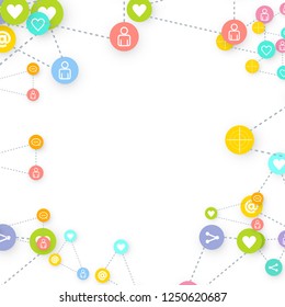 Social media marketing, Communication networking concept. Random icons social media services tags linked on white background. Comment, friend, like, share, target, message. Vector Internet concept.