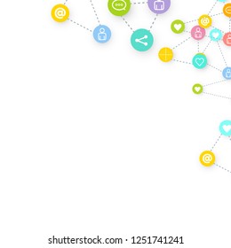 Social media marketing, Communication networking concept. Random icons social media services tags linked on white background. Comment, friend, like, share, target, message. Vector Internet concept.