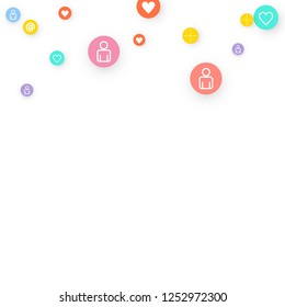 Social media marketing, Communication networking concept. Random icons social media services tags linked on white background. Comment, friend, like, share, target, message. Vector Internet concept.