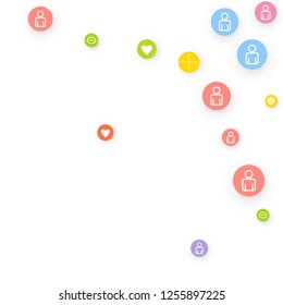 Social media marketing, Communication networking concept. Random icons social media services tags linked on white background. Comment, friend, like, share, target, message. Vector Internet concept.