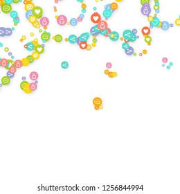 Social media marketing, Communication networking concept. Random icons social media services tags linked on white background. Comment, friend, like, share, target, message. Vector Internet concept.