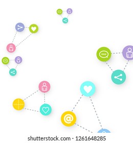 Social media marketing, Communication networking concept. Random icons social media services tags linked on white background. Comment, friend, like, share, target, message. Vector Internet concept.