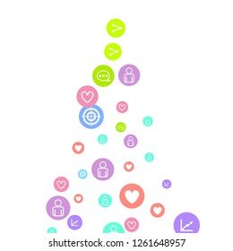Social media marketing, Communication networking concept. Random icons social media services tags linked on white background. Comment, friend, like, share, target, message. Vector Internet concept.