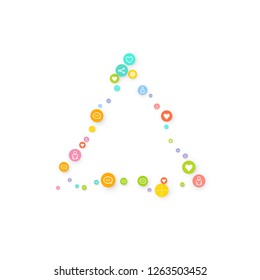 Social media marketing, Communication networking concept. Random icons social media services tags linked on white background. Comment, friend, like, share, target, message. Vector Internet concept.
