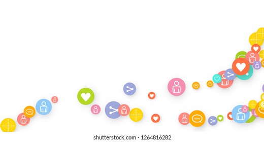 Social media marketing, Communication networking concept. Random icons social media services tags linked on white background. Comment, friend, like, share, target, message. Vector Internet concept.